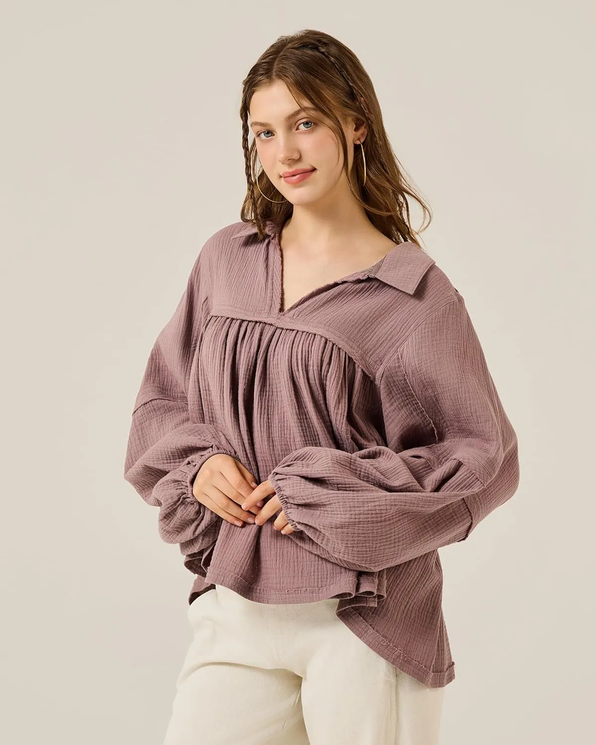 noflik Boho Casual Oversized Collared v-Neckline Long Bubble Sleeve Loose Flowy 100% Cotton Gauze Babydoll Blouse Top