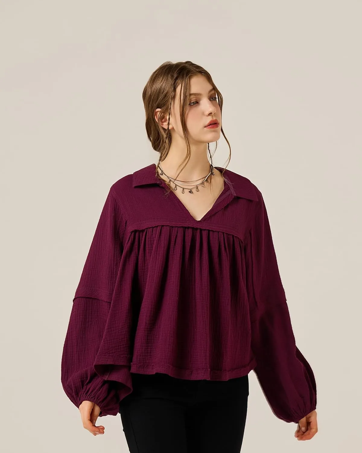 noflik Boho Casual Oversized Collared v-Neckline Long Bubble Sleeve Loose Flowy 100% Cotton Gauze Babydoll Blouse Top
