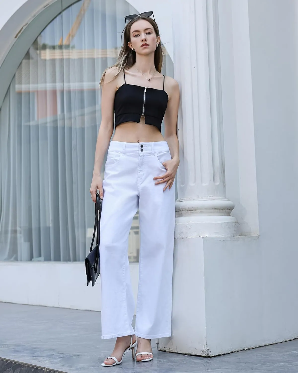 OFLUCK Women's Wide Leg Jeans High Waisted Stretchy Jeans Straight Leg Loose Fit Denim Pants