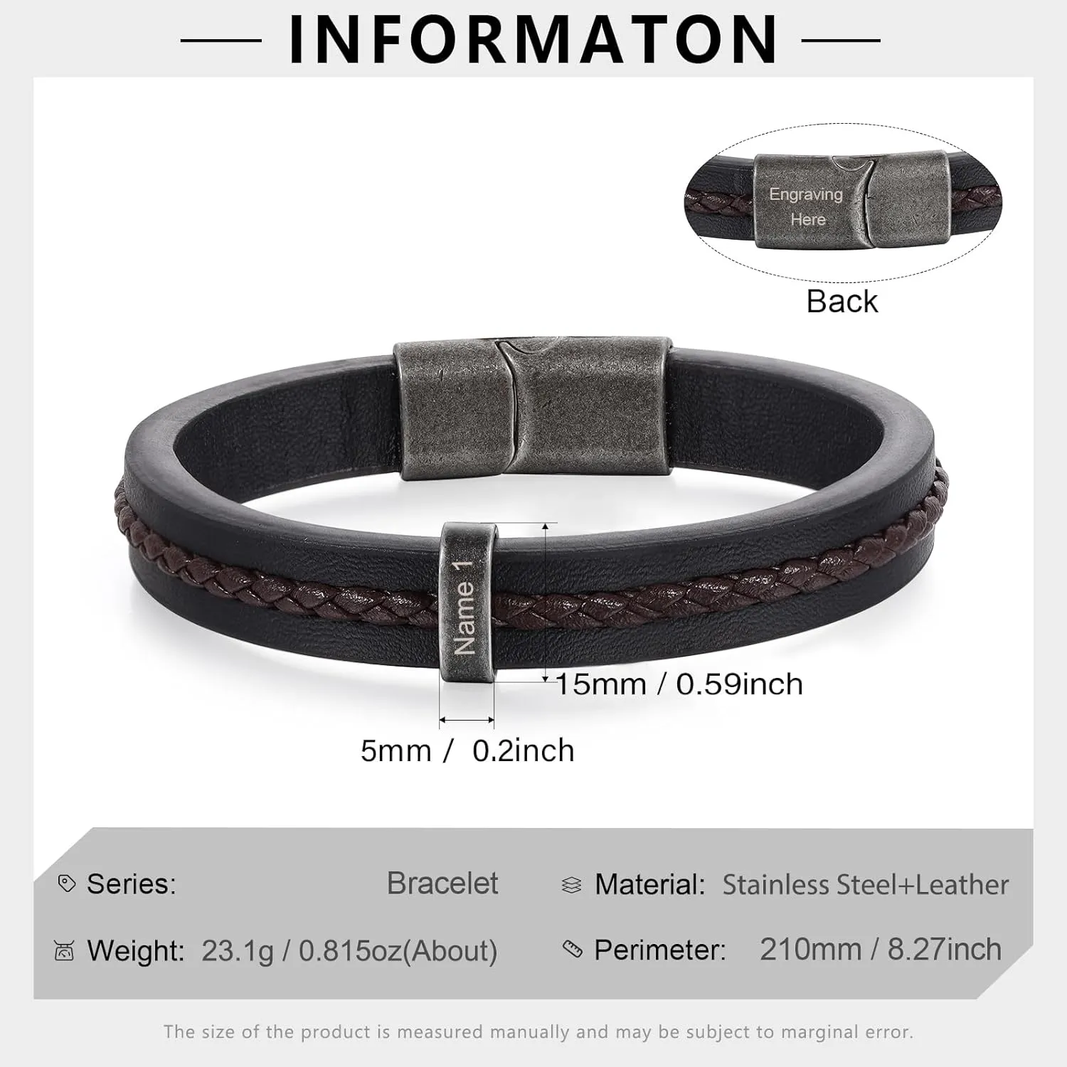 Personalized Mens Leather Bracelet Braid Leather Bracelet for Men Engraved 1-5 Names Gifts for Dad Grandpa Boyfriend Son