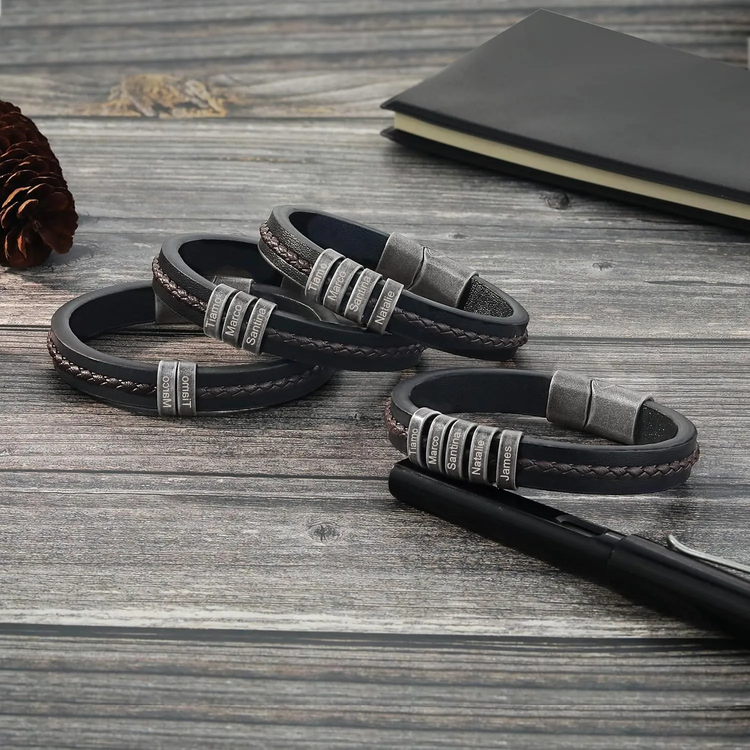 Personalized Mens Leather Bracelet Braid Leather Bracelet for Men Engraved 1-5 Names Gifts for Dad Grandpa Boyfriend Son