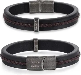 Personalized Mens Leather Bracelet Braid Leather Bracelet for Men Engraved 1-5 Names Gifts for Dad Grandpa Boyfriend Son