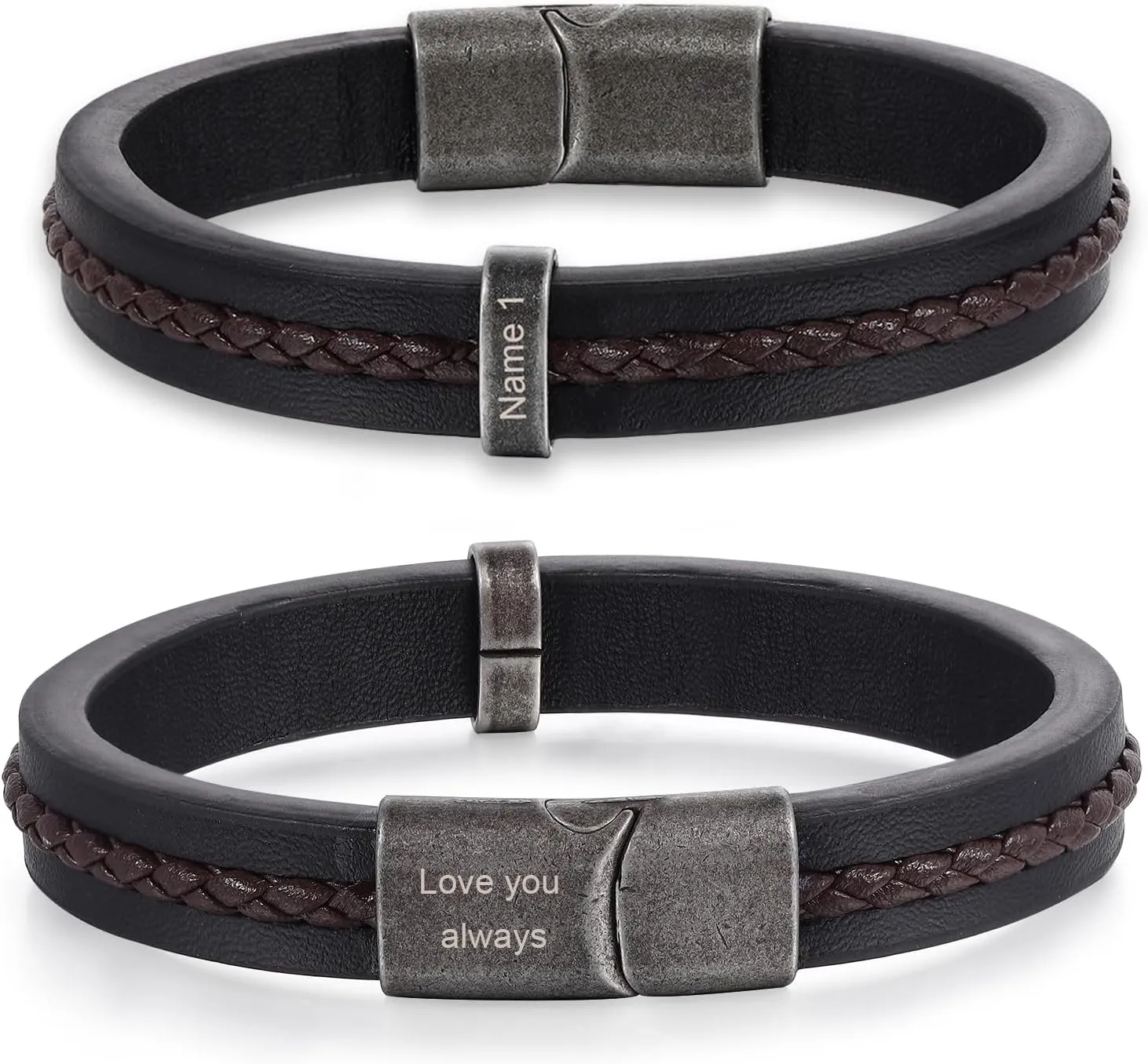 Personalized Mens Leather Bracelet Braid Leather Bracelet for Men Engraved 1-5 Names Gifts for Dad Grandpa Boyfriend Son