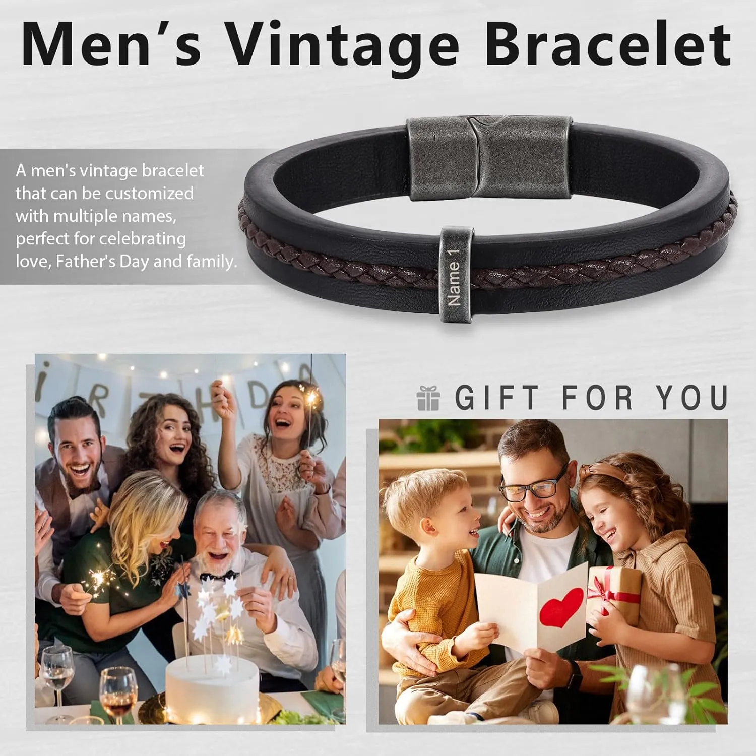 Personalized Mens Leather Bracelet Braid Leather Bracelet for Men Engraved 1-5 Names Gifts for Dad Grandpa Boyfriend Son