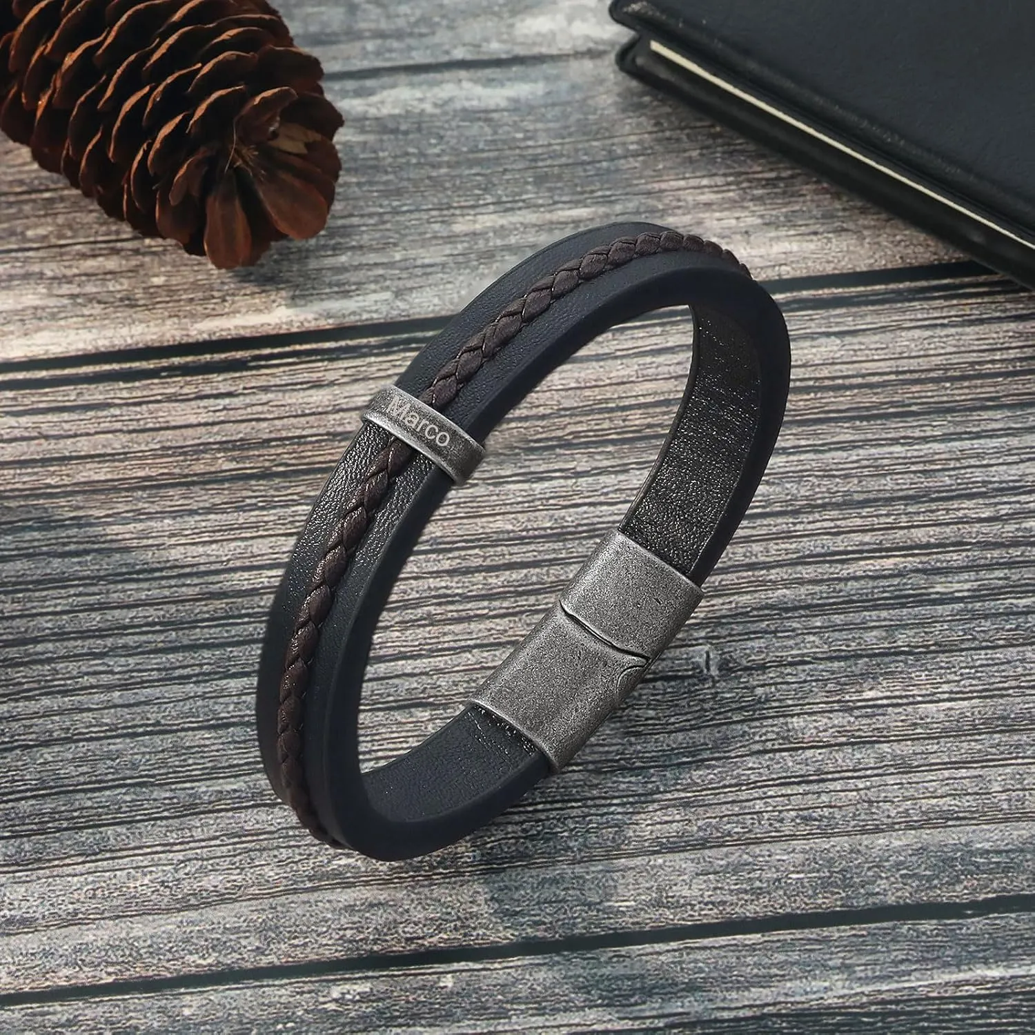 Personalized Mens Leather Bracelet Braid Leather Bracelet for Men Engraved 1-5 Names Gifts for Dad Grandpa Boyfriend Son