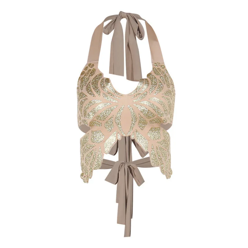 Pre Order:  Abstract Butterfly Print Backless Halter Crop Top