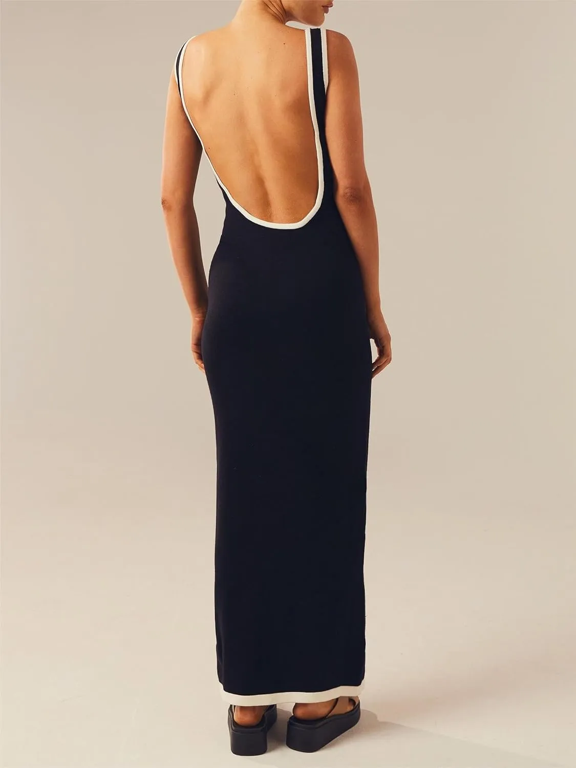 Sastianaen Women Ribbed Knit Maxi Dress Y2k Hollow Out Bodycon Long Dress Sleeveless Backless Tank Dress Streetwear