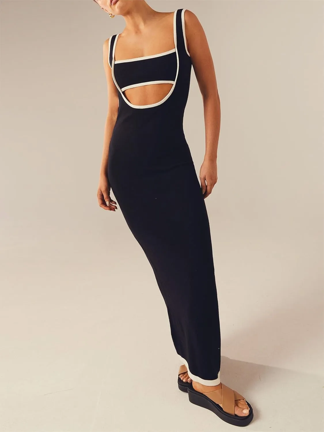 Sastianaen Women Ribbed Knit Maxi Dress Y2k Hollow Out Bodycon Long Dress Sleeveless Backless Tank Dress Streetwear