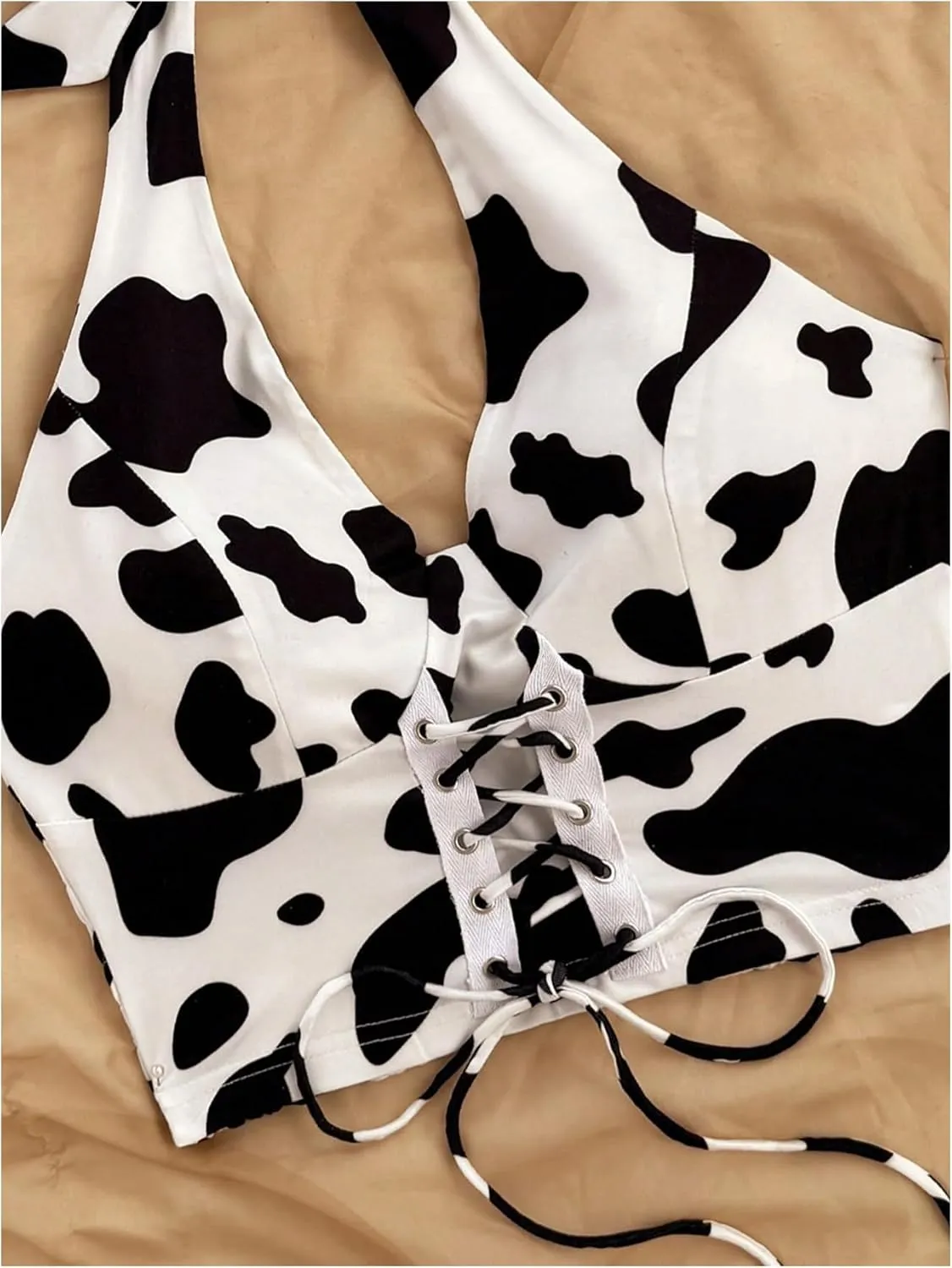 SHENHE Women's Cow Print Backless Halter Neck Smocked Crop Top Western Cowgirl Tank