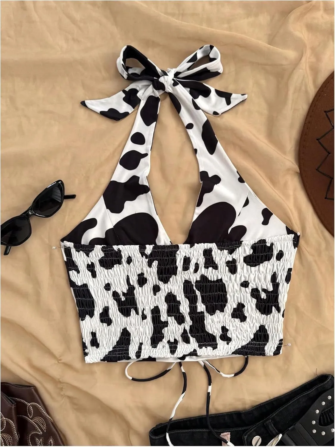 SHENHE Women's Cow Print Backless Halter Neck Smocked Crop Top Western Cowgirl Tank