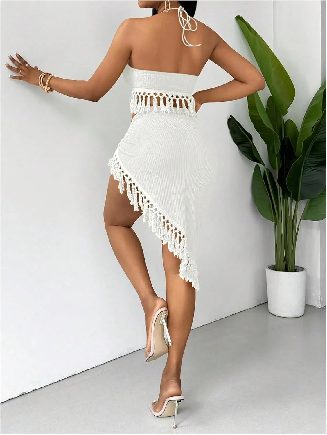 SHENHE Women's Fringe 2 Piece Vacation Outfits Halter Crop Top and Twisted Slit Skirt Set
