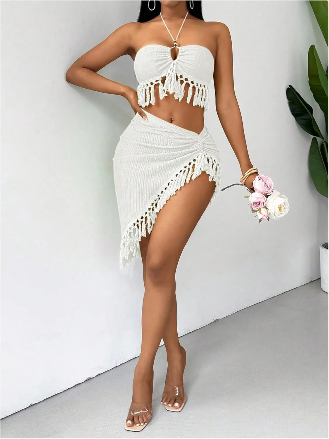 SHENHE Women's Fringe 2 Piece Vacation Outfits Halter Crop Top and Twisted Slit Skirt Set