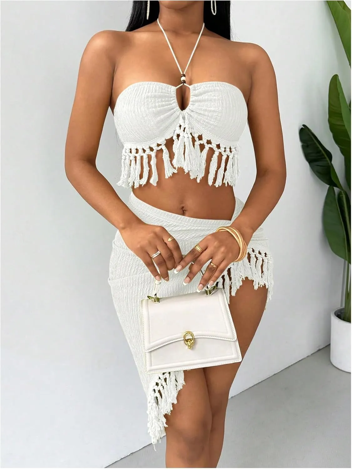 SHENHE Women's Fringe 2 Piece Vacation Outfits Halter Crop Top and Twisted Slit Skirt Set