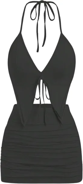 SHENHE Women's Y2k 2 Piece Sexy Outfits Backless Halter Crop Top and Ruched Bodycon Mini Skirt Set