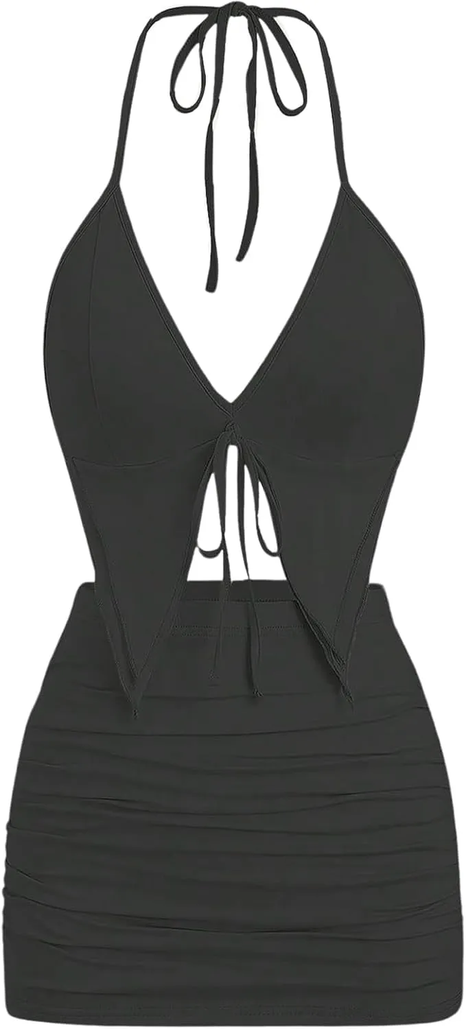 SHENHE Women's Y2k 2 Piece Sexy Outfits Backless Halter Crop Top and Ruched Bodycon Mini Skirt Set