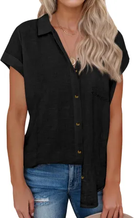 siliteelon Linen Shirts for Women Button Down Shirts Short Sleeve Cotton Collared V Neck Solid Casual Blouses with Pocket