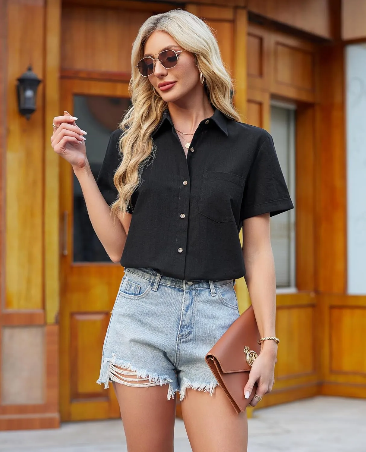 siliteelon Linen Shirts for Women Button Down Shirts Short Sleeve Cotton Collared V Neck Solid Casual Blouses with Pocket