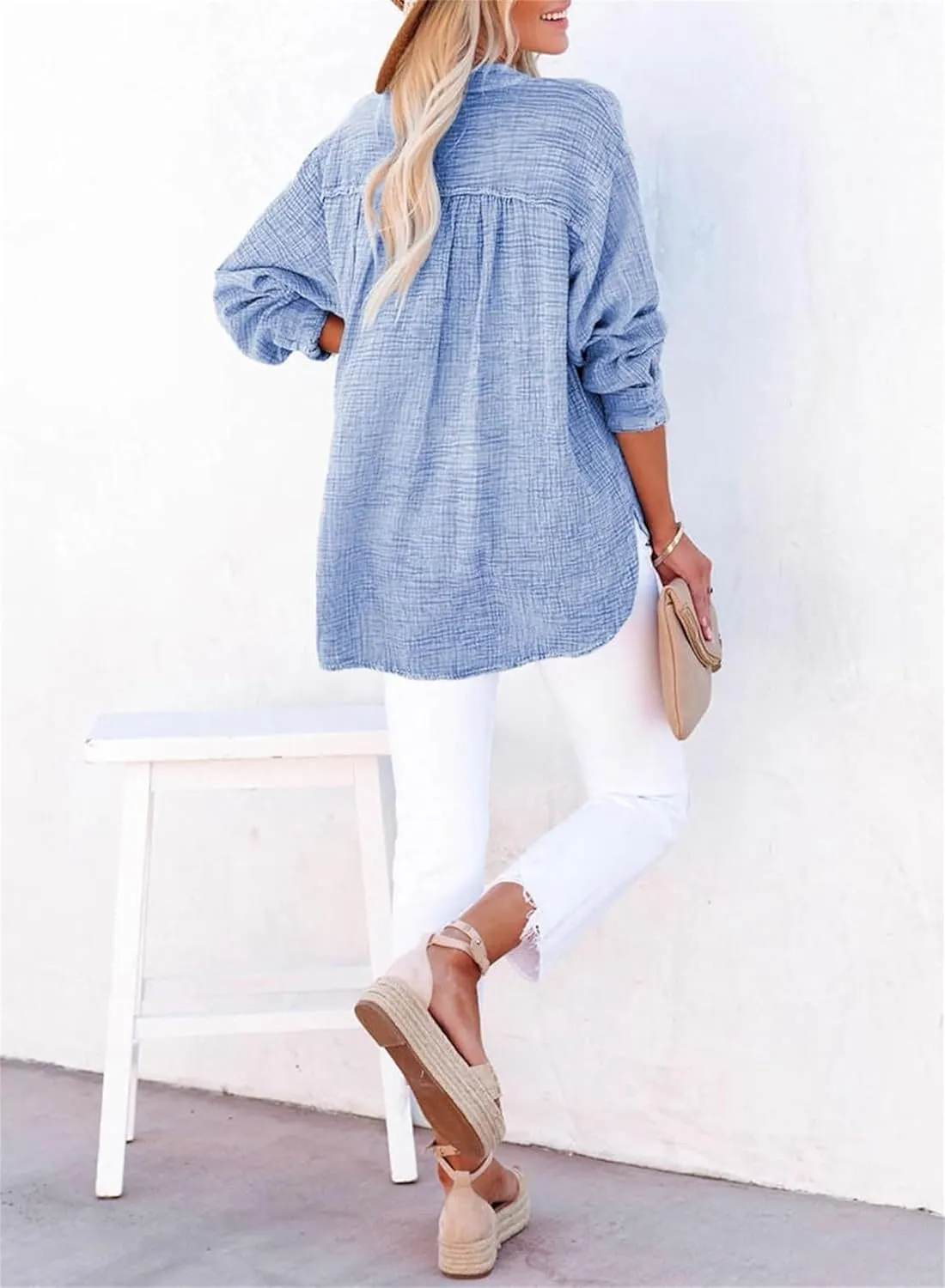 Simplifyleast Womens Casual Button V Neck Long Sleeve Shirts Oversized Solid Blouses Tops Lightweight Gauze Muslin Shirt