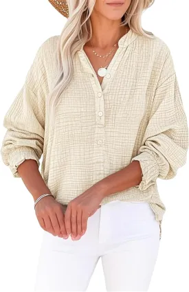 Simplifyleast Womens Casual Button V Neck Long Sleeve Shirts Oversized Solid Blouses Tops Lightweight Gauze Muslin Shirt