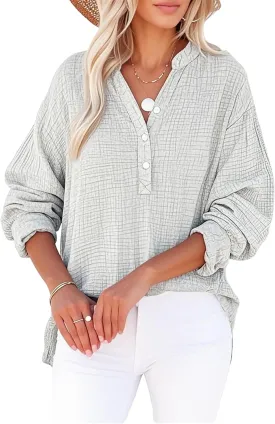 Simplifyleast Womens Casual Button V Neck Long Sleeve Shirts Oversized Solid Blouses Tops Lightweight Gauze Muslin Shirt