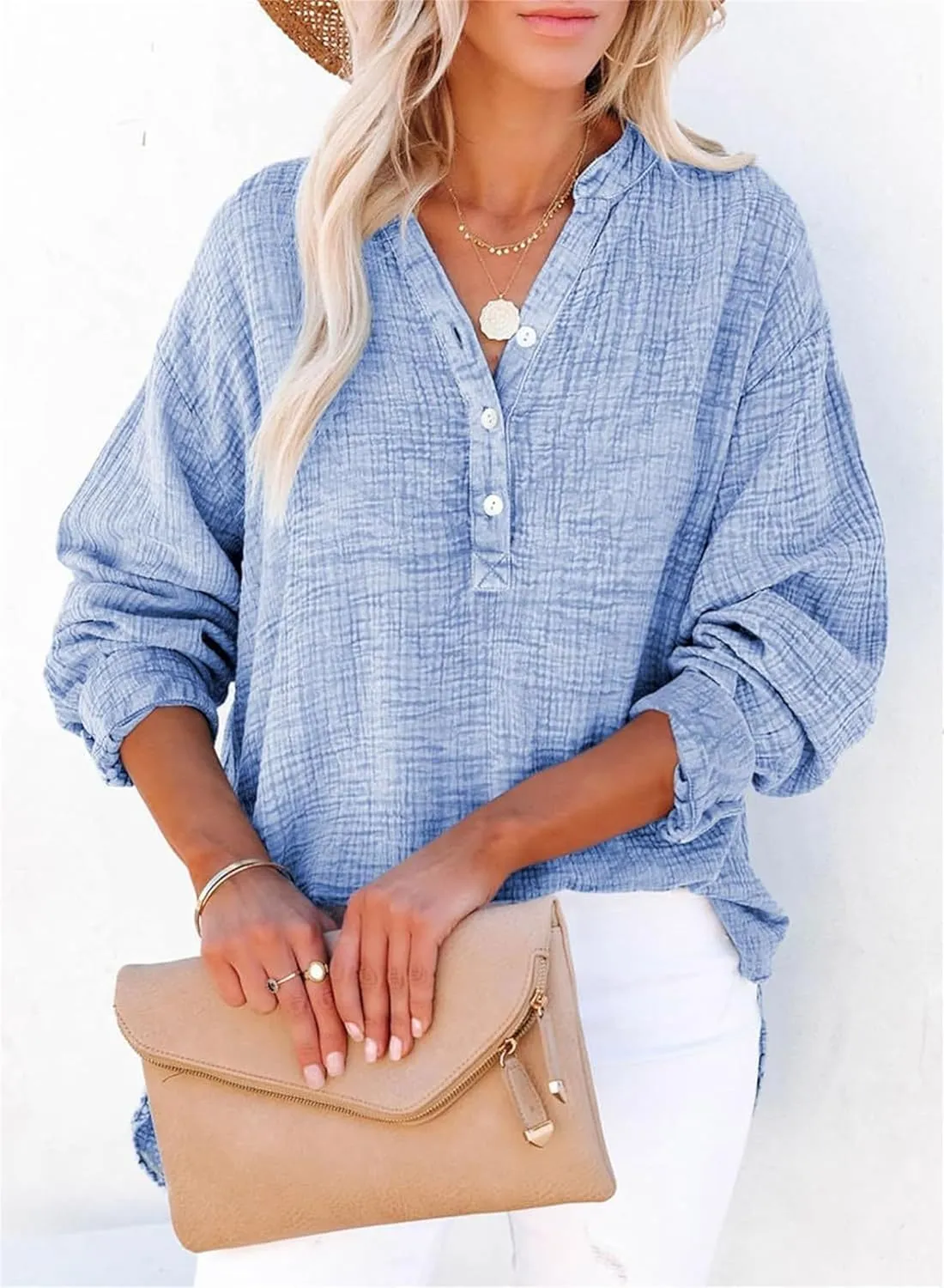 Simplifyleast Womens Casual Button V Neck Long Sleeve Shirts Oversized Solid Blouses Tops Lightweight Gauze Muslin Shirt