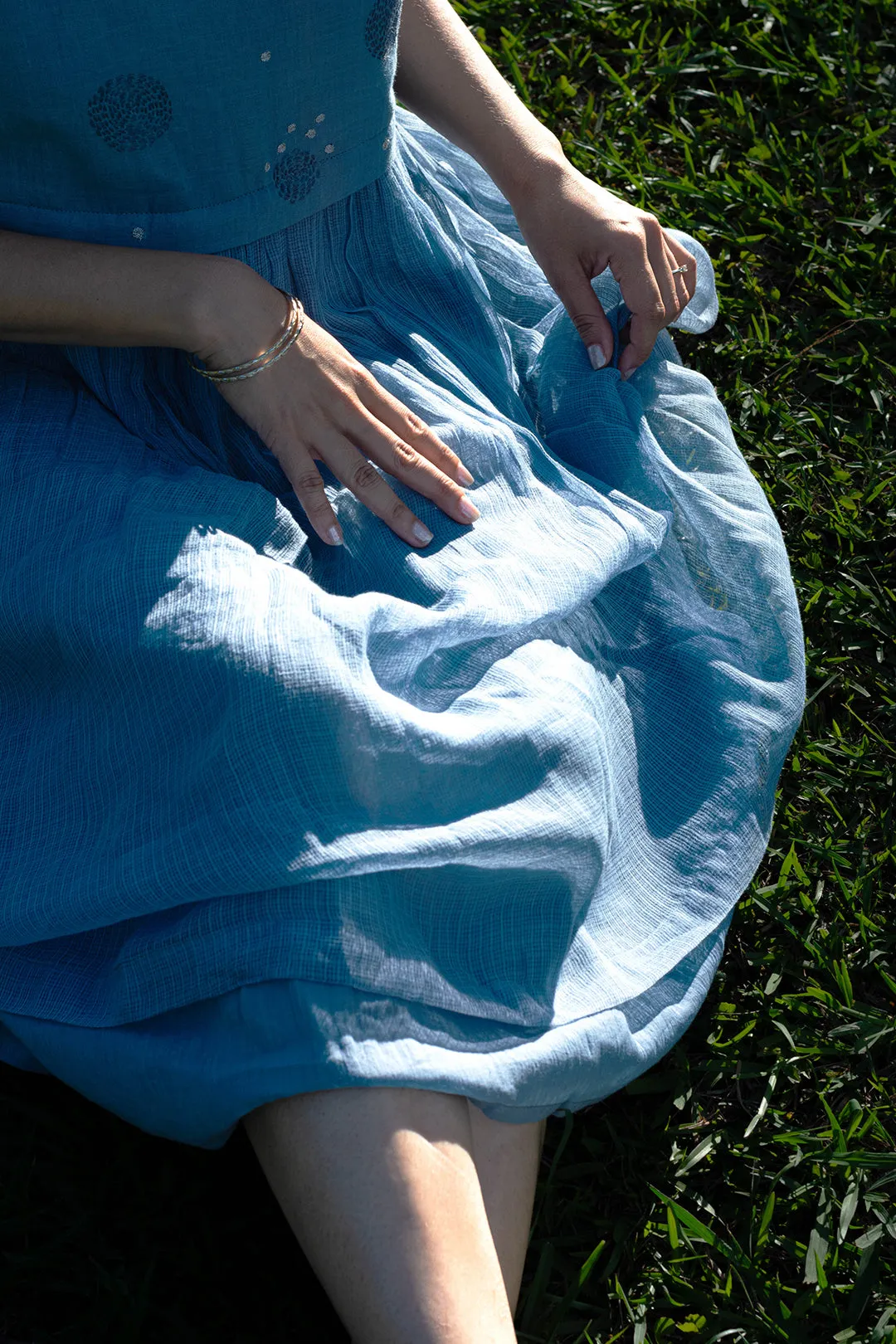 Sky Cotton gauze & Kota doria gathered waist dress