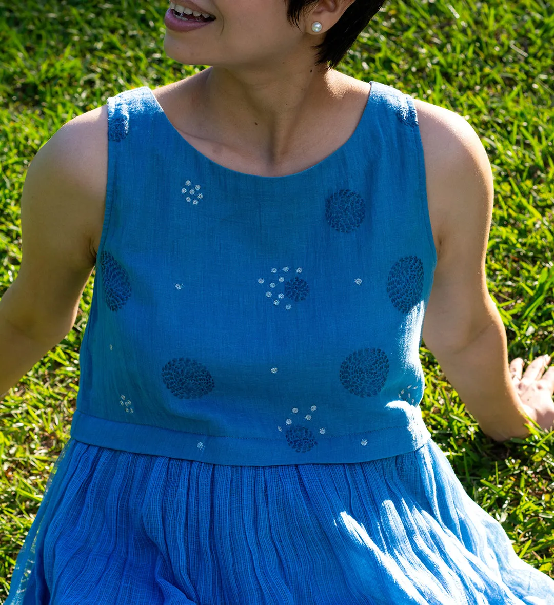 Sky Cotton gauze & Kota doria gathered waist dress