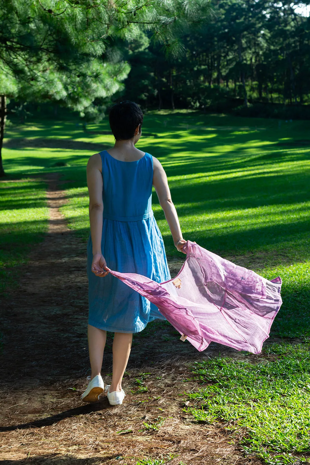 Sky Cotton gauze & Kota doria gathered waist dress