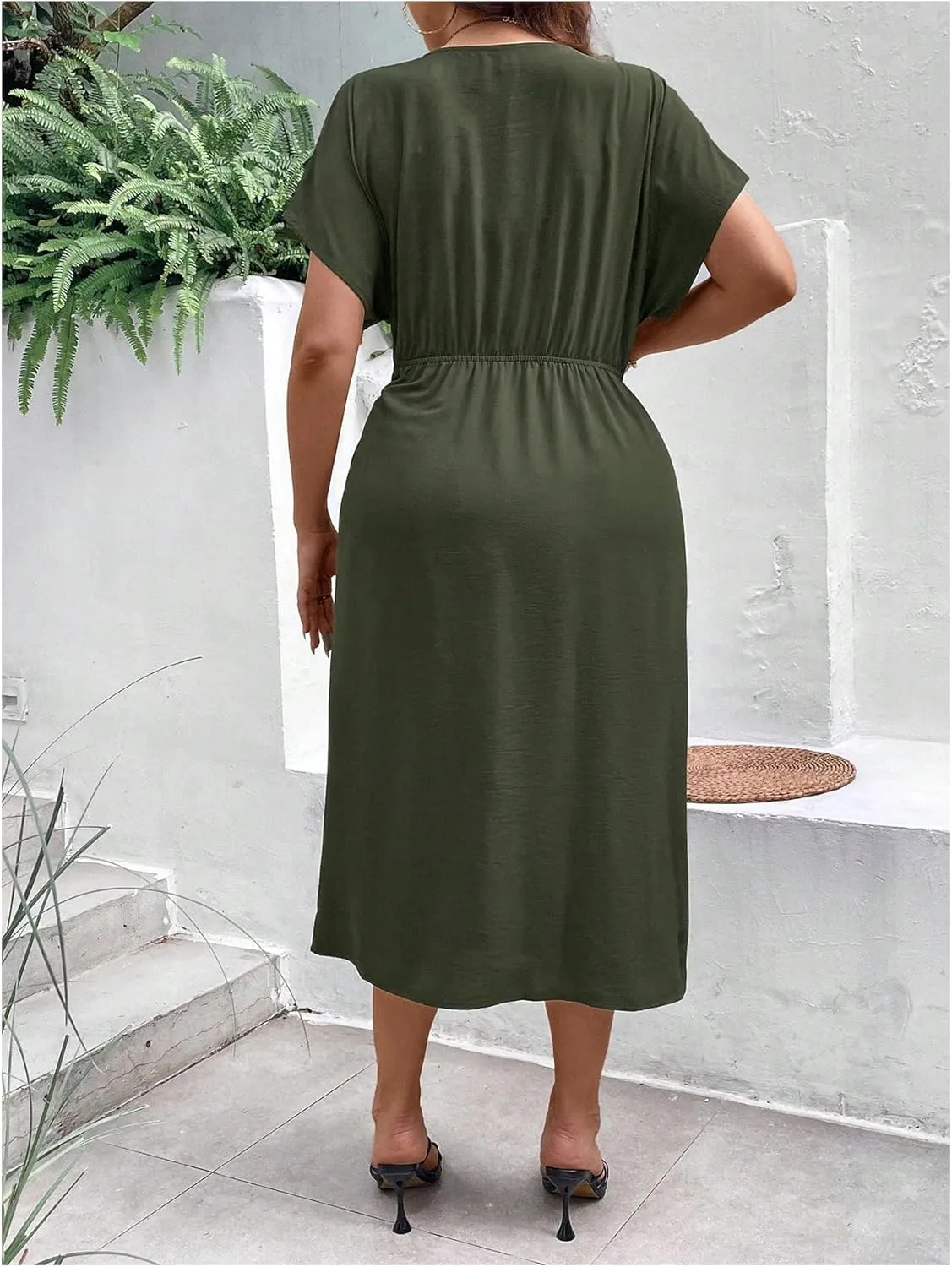 SOLY HUX Women's Plus Size Wrap V Neck Knot Side Midi Dress Short Sleeve Flowy Party Dresses