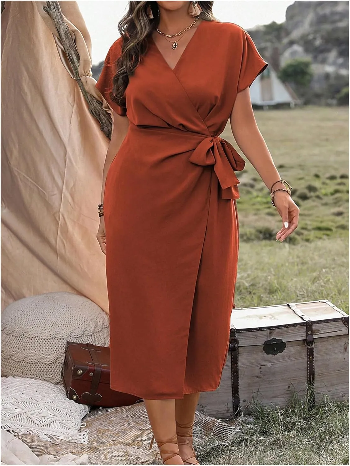 SOLY HUX Women's Plus Size Wrap V Neck Knot Side Midi Dress Short Sleeve Flowy Party Dresses