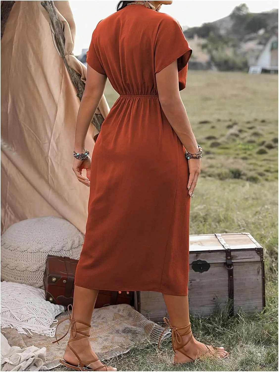 SOLY HUX Women's Plus Size Wrap V Neck Knot Side Midi Dress Short Sleeve Flowy Party Dresses