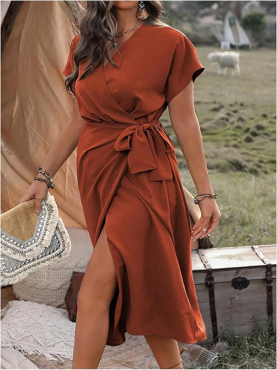 SOLY HUX Women's Plus Size Wrap V Neck Knot Side Midi Dress Short Sleeve Flowy Party Dresses