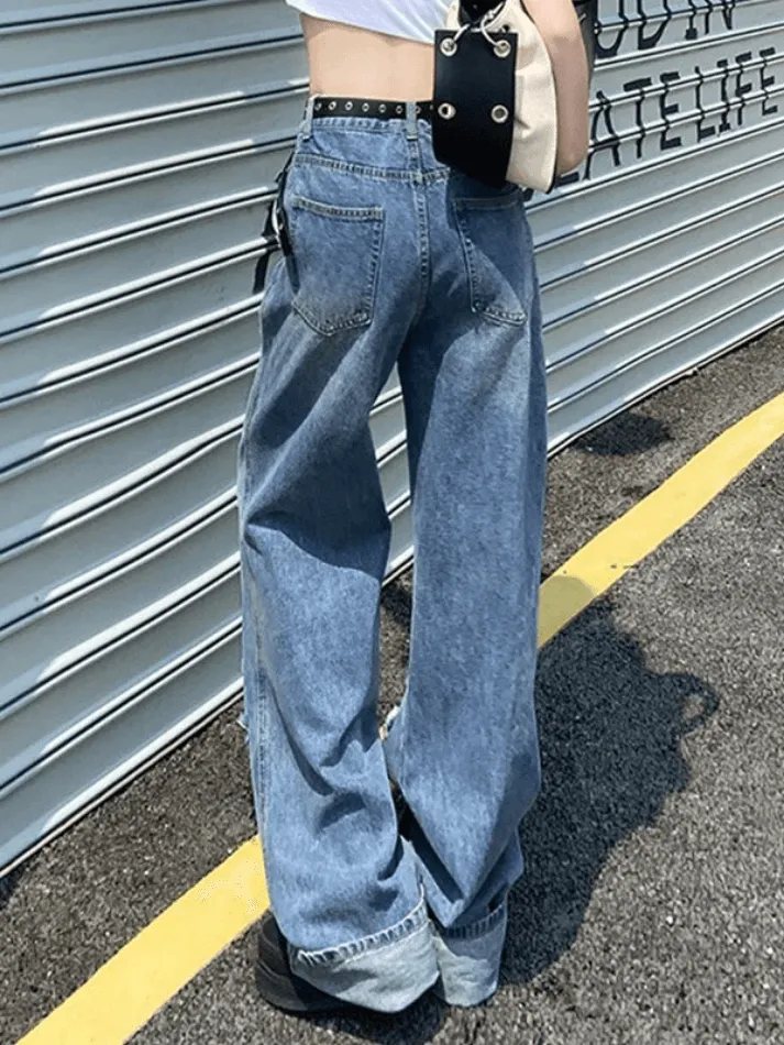 Straight Leg Frayed Ripped Jeans