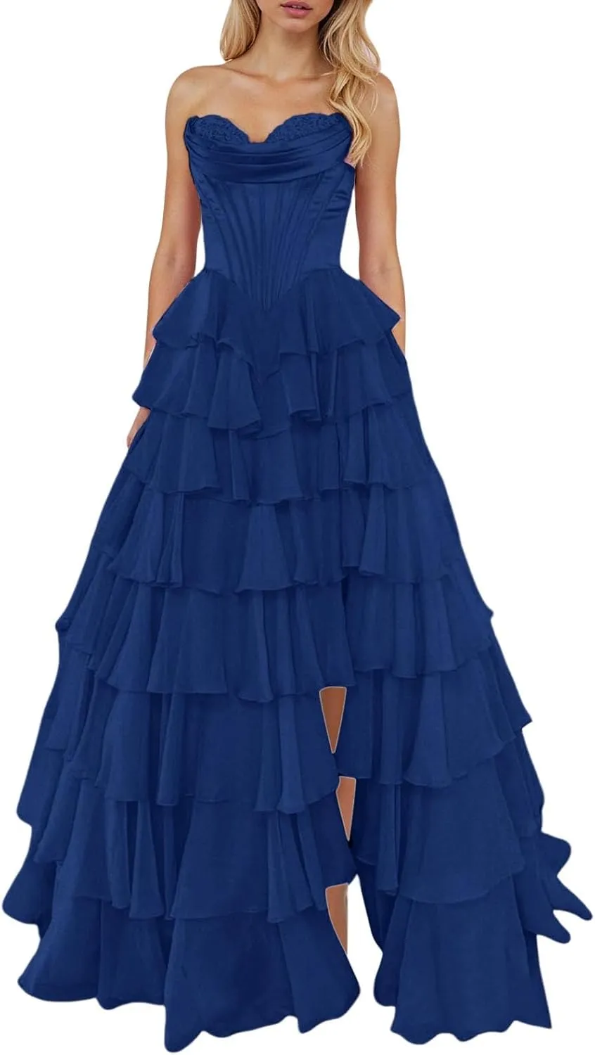 Strapless Corset Tulle Prom Dresses for Teens 2025 Long Tiered Ruffle Chiffon Swing Formal Evening Gown with Slit