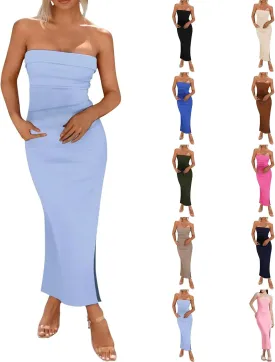 Summer Dresses for Women 2025 Elegant Sexy Bodycon Maxi Dresses Strapless Side Slit Solid Color Dress Wedding Guest Dress