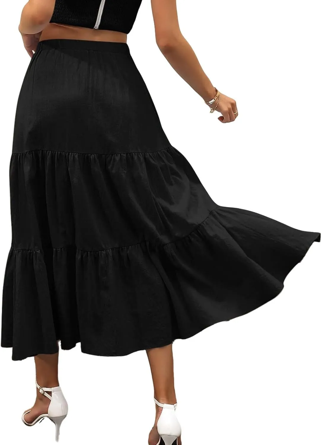 Summer Maxi Skirts for Women Fashion Boho Elastic High Waist Ruffle Hem Skirt Flowy Solid Color Skorts with Pockets