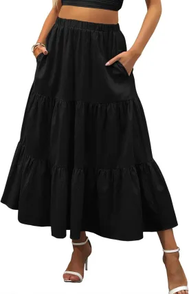 Summer Maxi Skirts for Women Fashion Boho Elastic High Waist Ruffle Hem Skirt Flowy Solid Color Skorts with Pockets