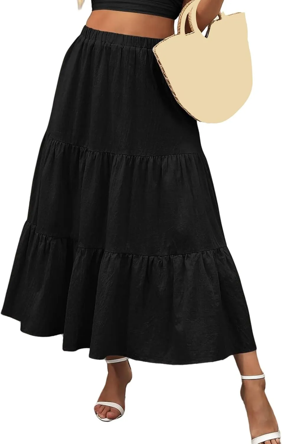 Summer Maxi Skirts for Women Fashion Boho Elastic High Waist Ruffle Hem Skirt Flowy Solid Color Skorts with Pockets