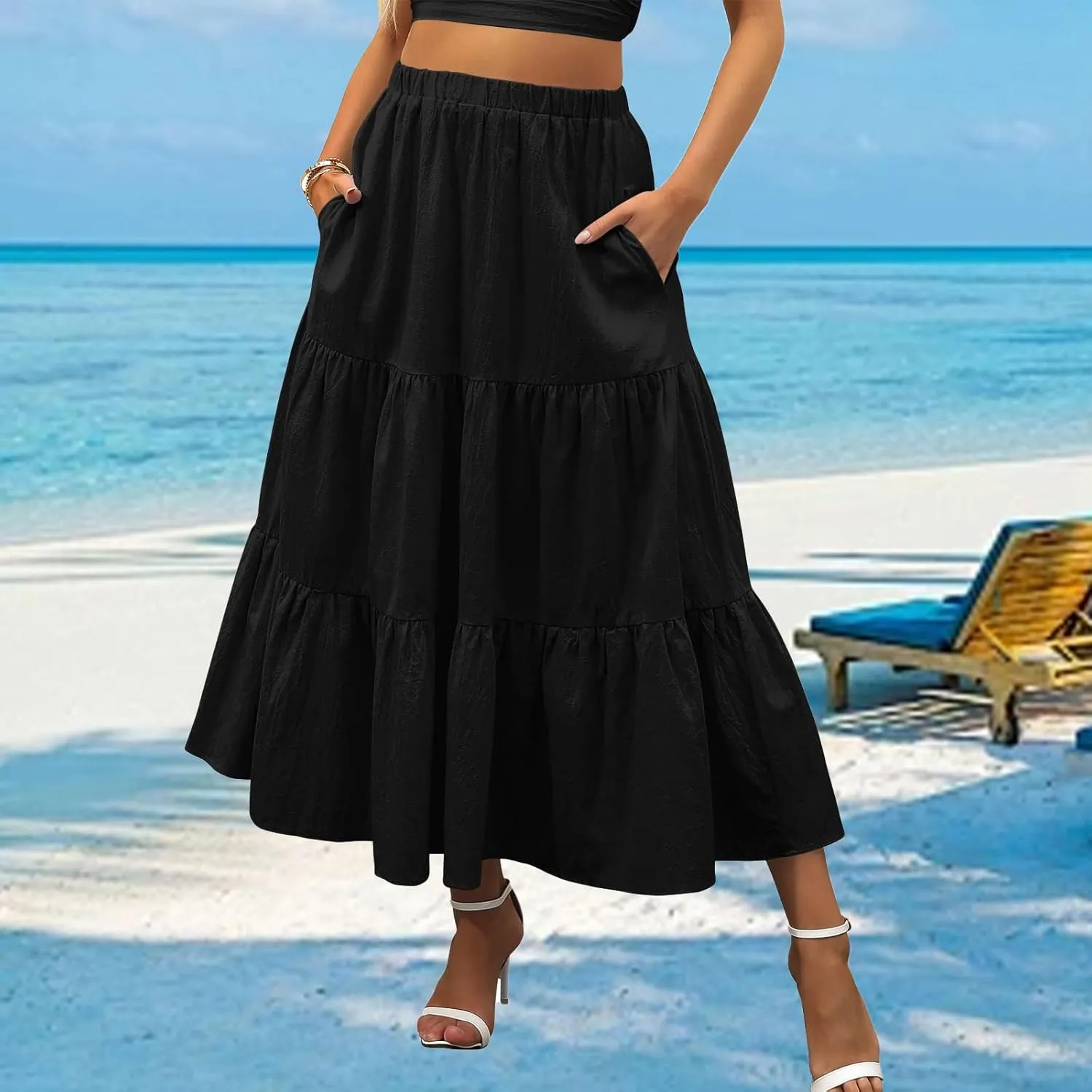 Summer Maxi Skirts for Women Fashion Boho Elastic High Waist Ruffle Hem Skirt Flowy Solid Color Skorts with Pockets