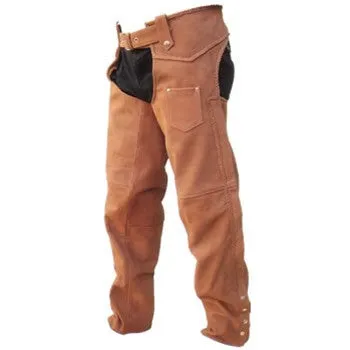 Unisex Brown Buffalo Leather Motorcycle Chaps with Braid Trim