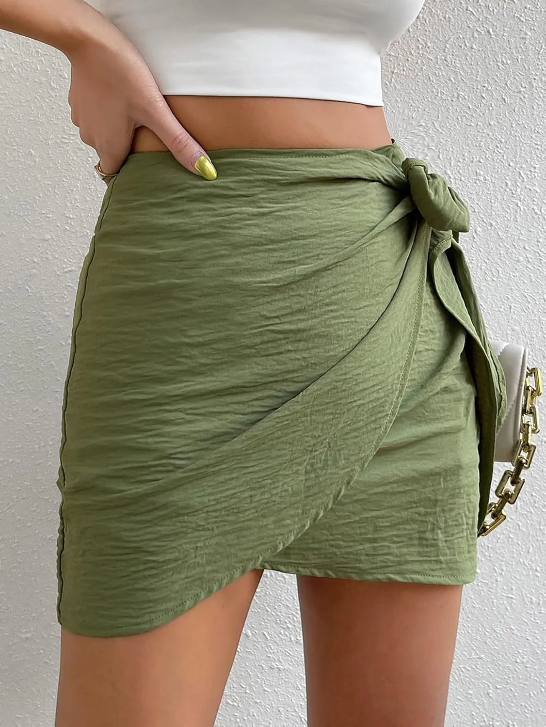 Verdusa Women's Casual Knot Side Split Wrap High Waist Bodycon Mini Skirt