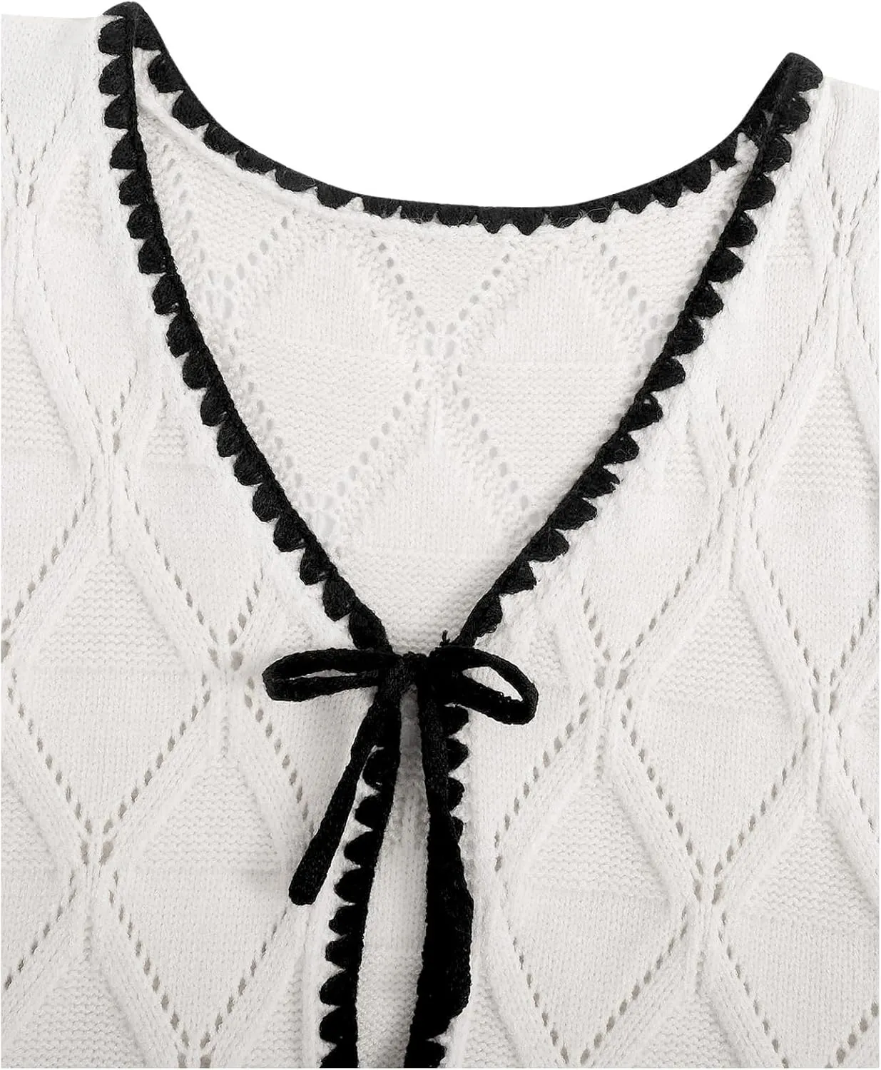 Verdusa Women's Old Money Bow Tie Crochet Sweater Vest Contrast Binding Knot Front V Neck Knit Top