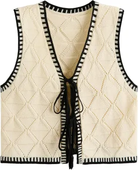 Verdusa Women's Old Money Bow Tie Crochet Sweater Vest Contrast Binding Knot Front V Neck Knit Top