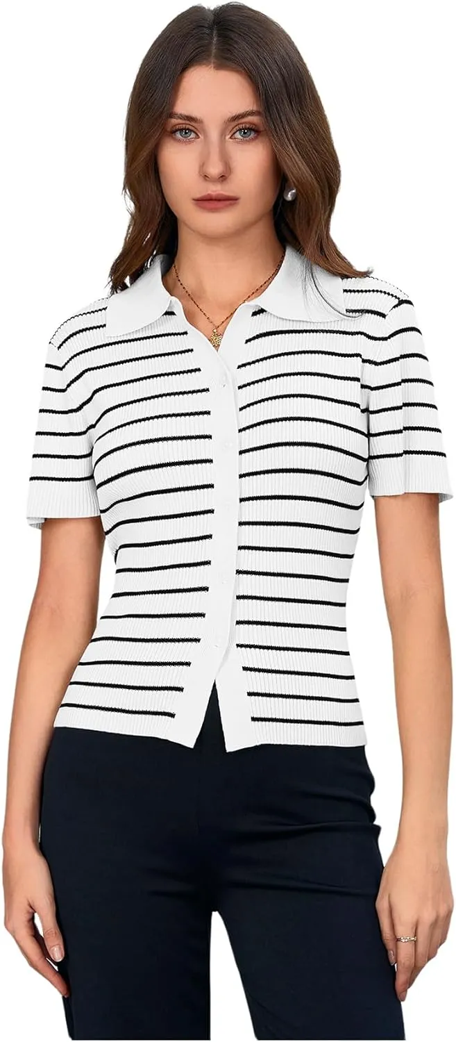 Verdusa Women's Striped Ribbed Knit Button Down Sweater Top Collar Short Sleeve Tee