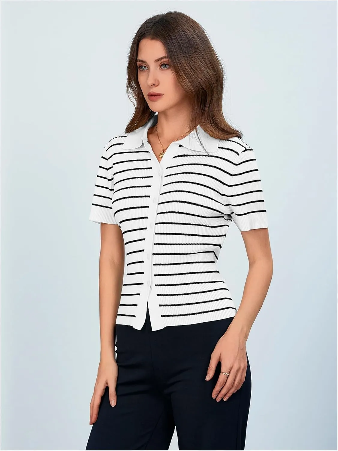 Verdusa Women's Striped Ribbed Knit Button Down Sweater Top Collar Short Sleeve Tee