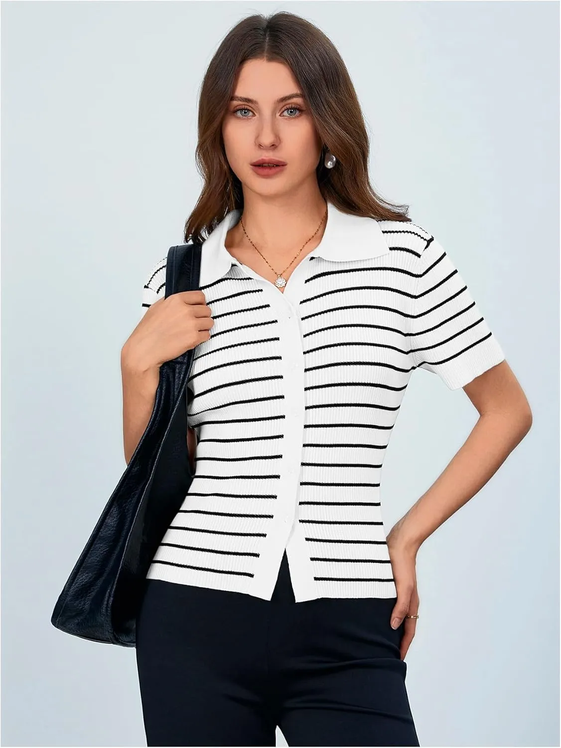 Verdusa Women's Striped Ribbed Knit Button Down Sweater Top Collar Short Sleeve Tee