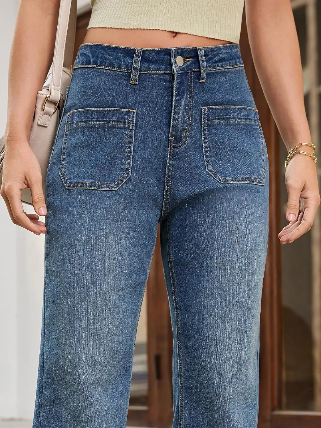 Wide Leg Jeans for Women High Waisted with Vintage Hem, Stretchy Straight Leg Womens Jeans with 4 Patch Pockets