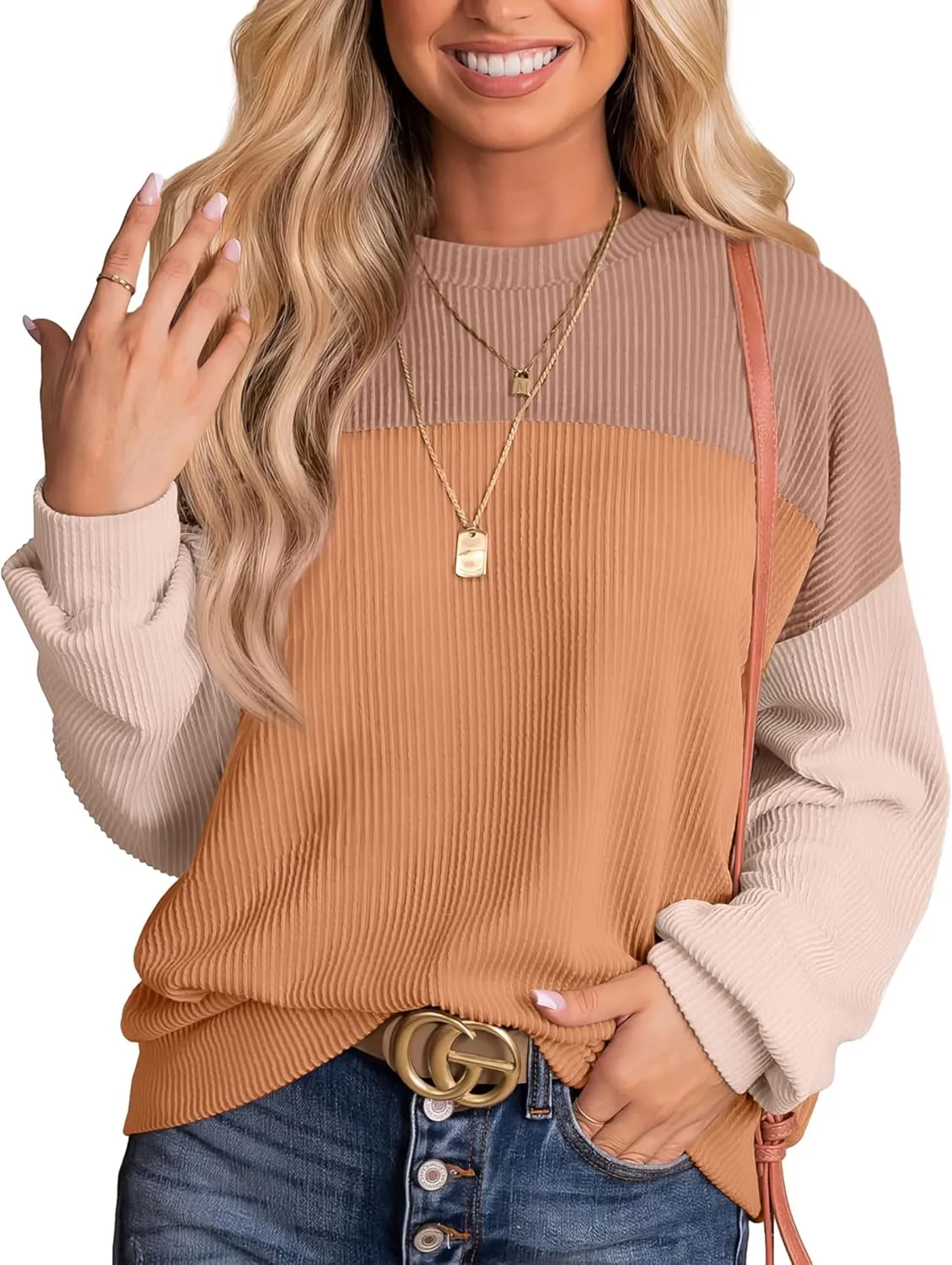 WIHOLL Womens Fall Fashion 2024 Color Block Long Sleeve Crewneck Knitted Ribbed Shirts Tunic Tops Casual Loose Trendy