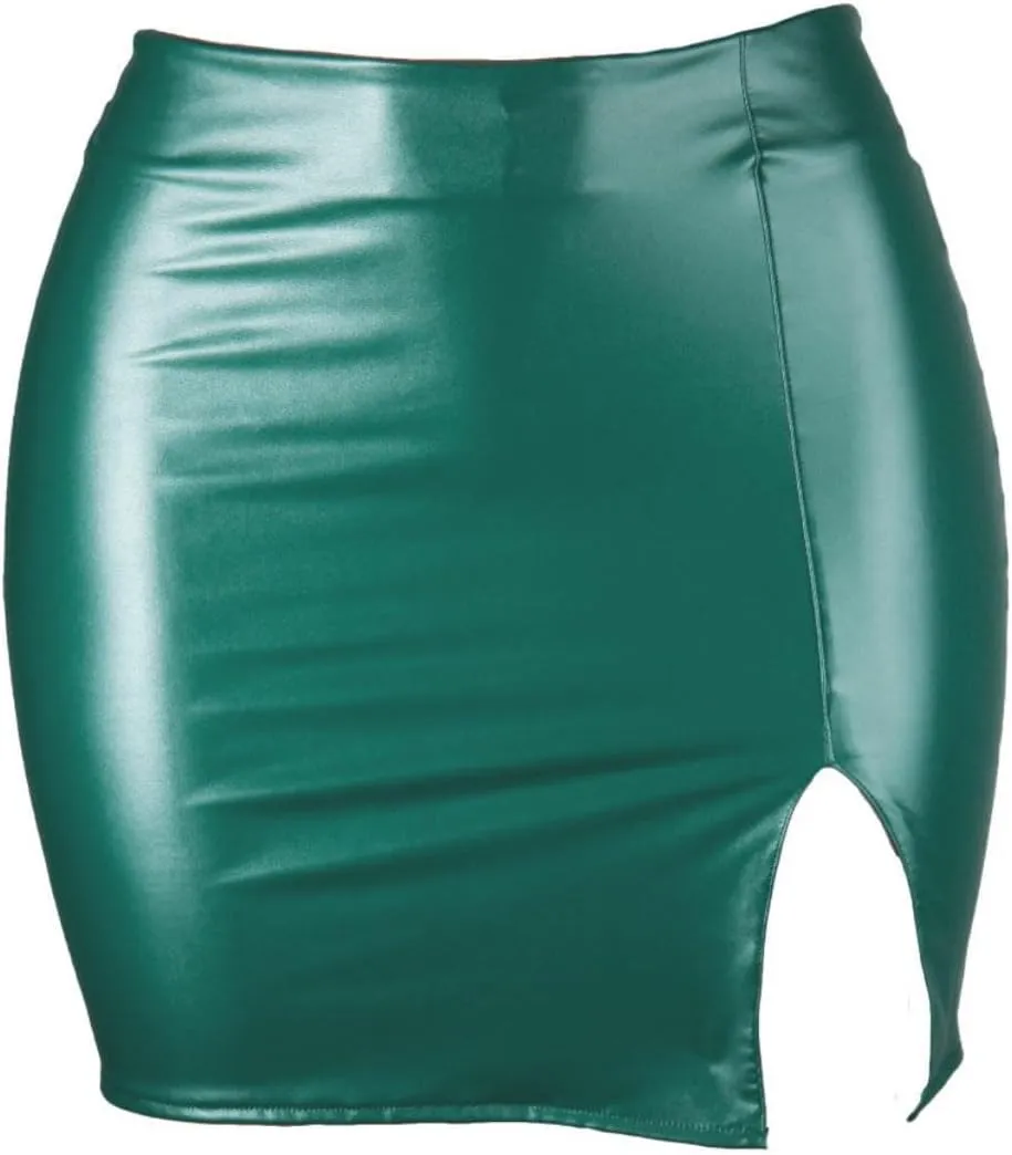 Women PU Leather Bodycon Short Skirt High Waisted Stretchy Asymmetrical Split Hem Hip Wrap Mini Skirt