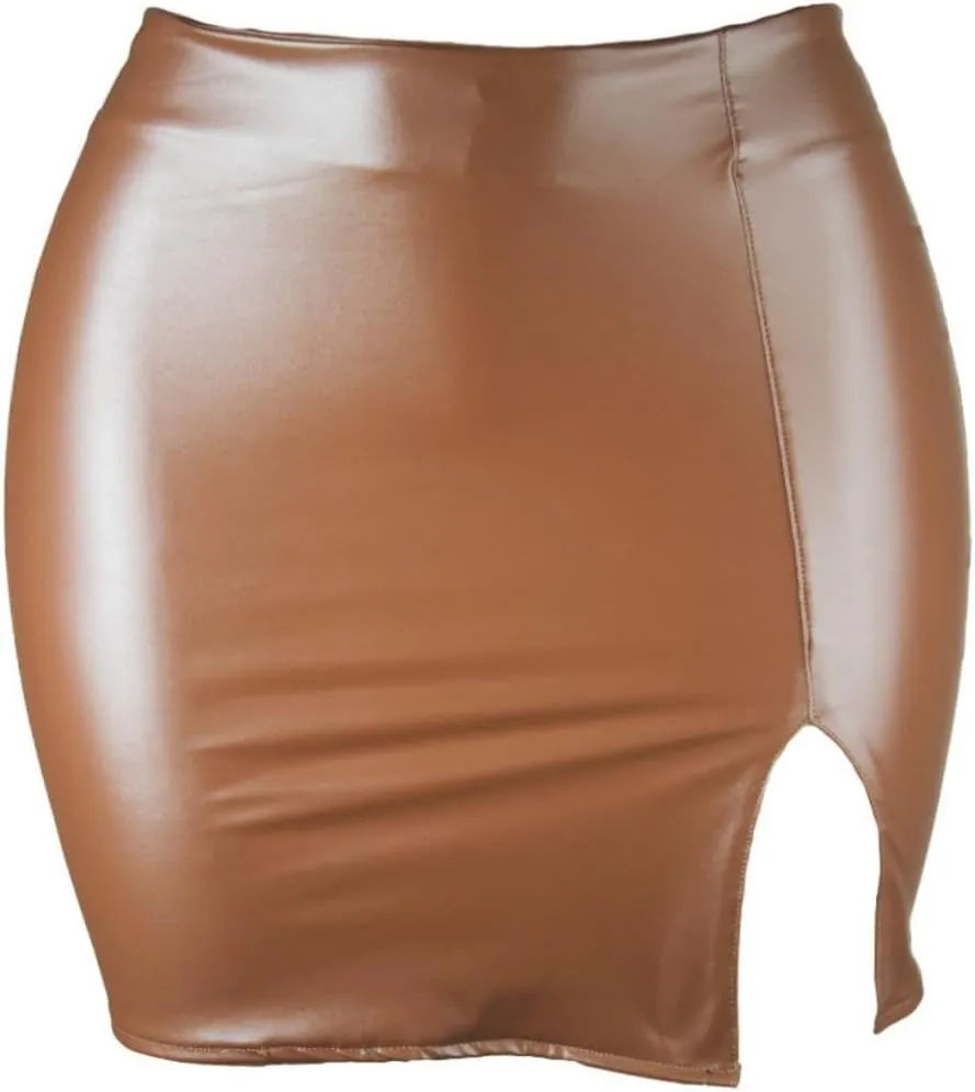 Women PU Leather Bodycon Short Skirt High Waisted Stretchy Asymmetrical Split Hem Hip Wrap Mini Skirt